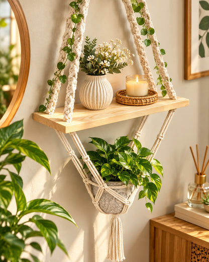 Macrame Hanging Shelves 2 Tiers Floating Shelf Natural Wood Wall Shelves Chic Boho Decor, Pine Wood Cotton Rope Bohemian Floating Plants Storage for Bedroom Bathroom Living Room, Beige