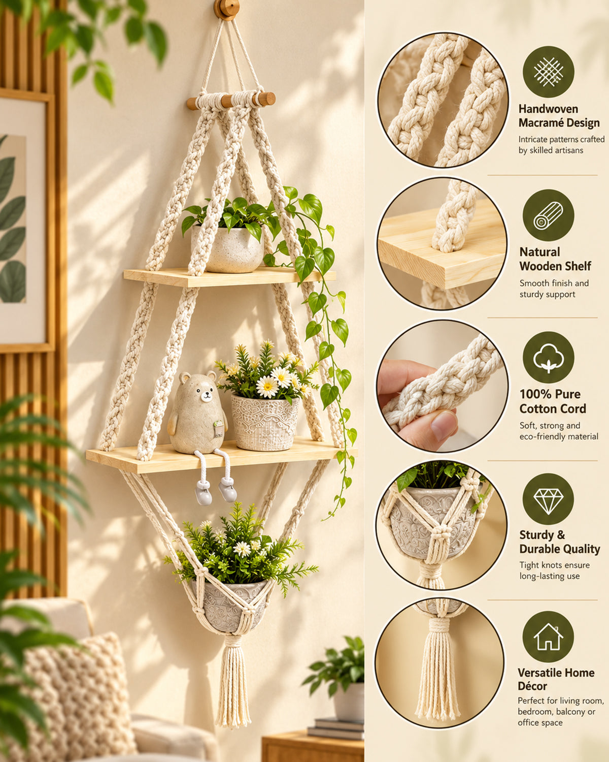 Macrame Hanging Shelves 2 Tiers Floating Shelf Natural Wood Wall Shelves Chic Boho Decor, Pine Wood Cotton Rope Bohemian Floating Plants Storage for Bedroom Bathroom Living Room, Beige
