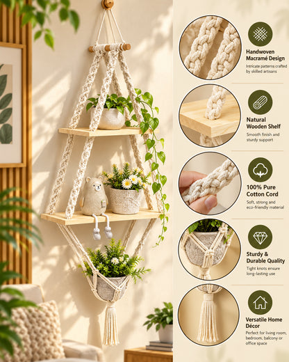 Macrame Hanging Shelves 2 Tiers Floating Shelf Natural Wood Wall Shelves Chic Boho Decor, Pine Wood Cotton Rope Bohemian Floating Plants Storage for Bedroom Bathroom Living Room, Beige
