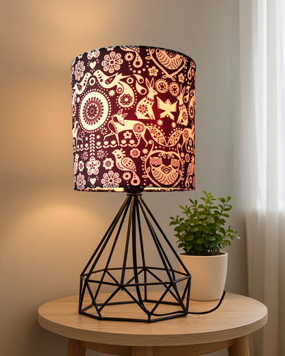 Modern Farmhouse Metal Diamond Desk Table Lamp with Printed Shade Decorative Bed Table Side Matt Black Light