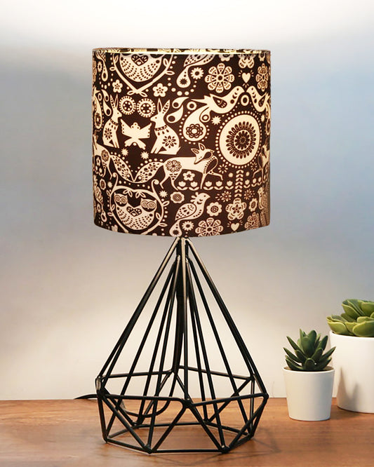 Modern Farmhouse Metal Diamond Desk Table Lamp with Printed Shade Decorative Bed Table Side Matt Black Light