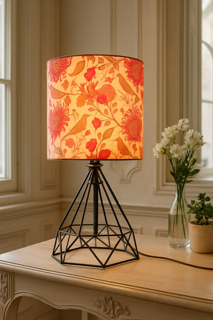 Modern Farmhouse Metal Diamond Desk Table Lamp with Printed Shade Decorative Bed Table Side Matt Black Light