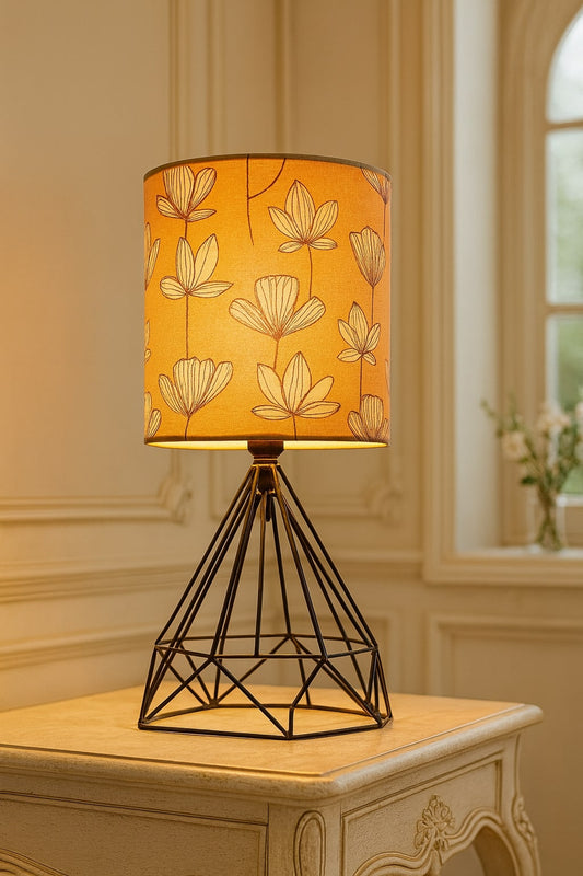 Modern Farmhouse Metal Diamond Desk Table Lamp with Printed Shade Decorative Bed Table Side Matt Black Light