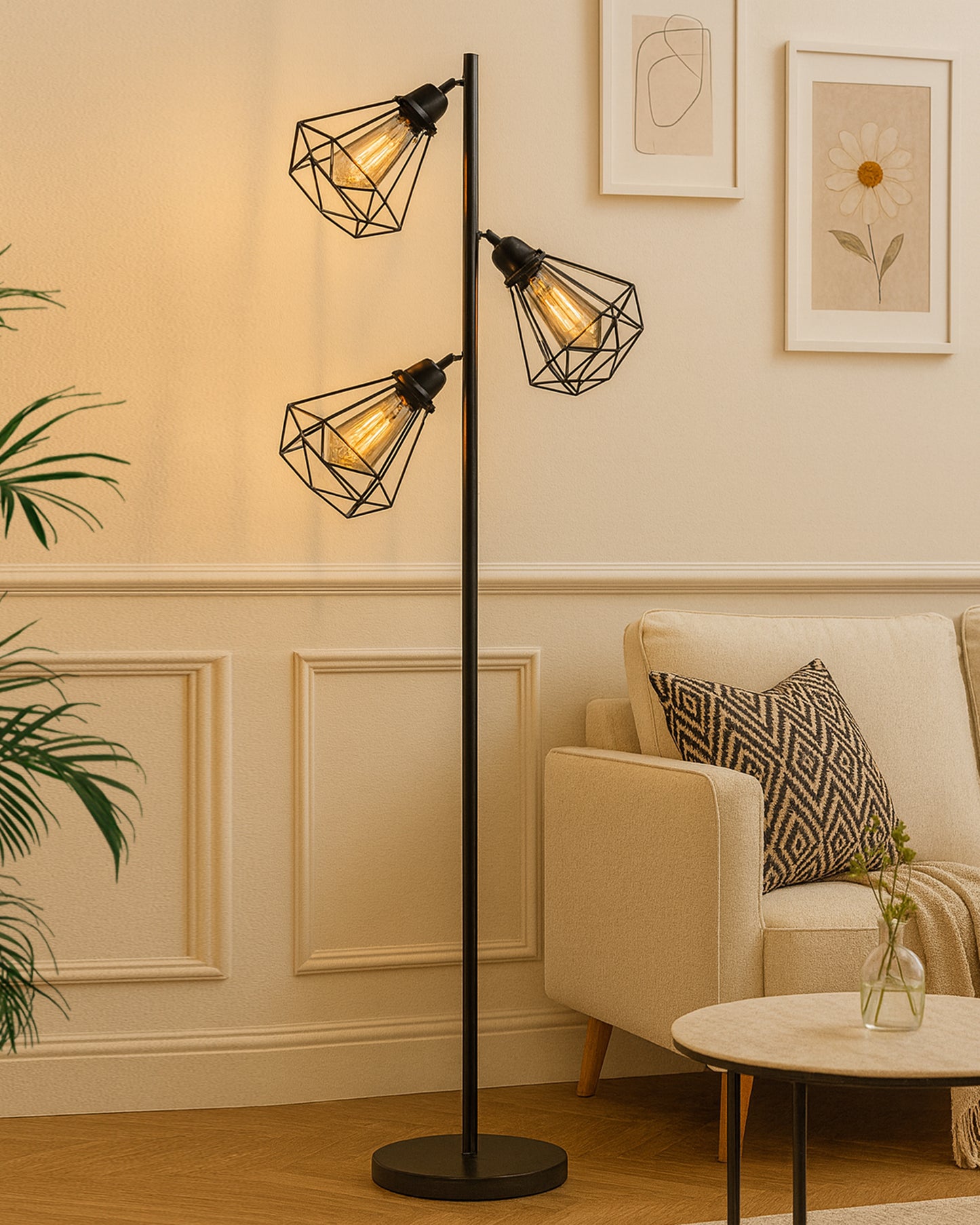 Industrial Tree Floor Lamps for Living Room, Standing Lamp with 3 Adjustable Hanging Diamond Cage Shades, 62" Modern Tall Lamps with E27 Socket Pedal Switch for Bedroom Office Home Light Decor