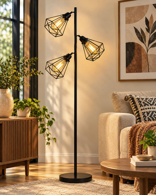 Industrial Tree Floor Lamps for Living Room, Standing Lamp with 3 Adjustable Hanging Diamond Cage Shades, 62" Modern Tall Lamps with E27 Socket Pedal Switch for Bedroom Office Home Light Decor