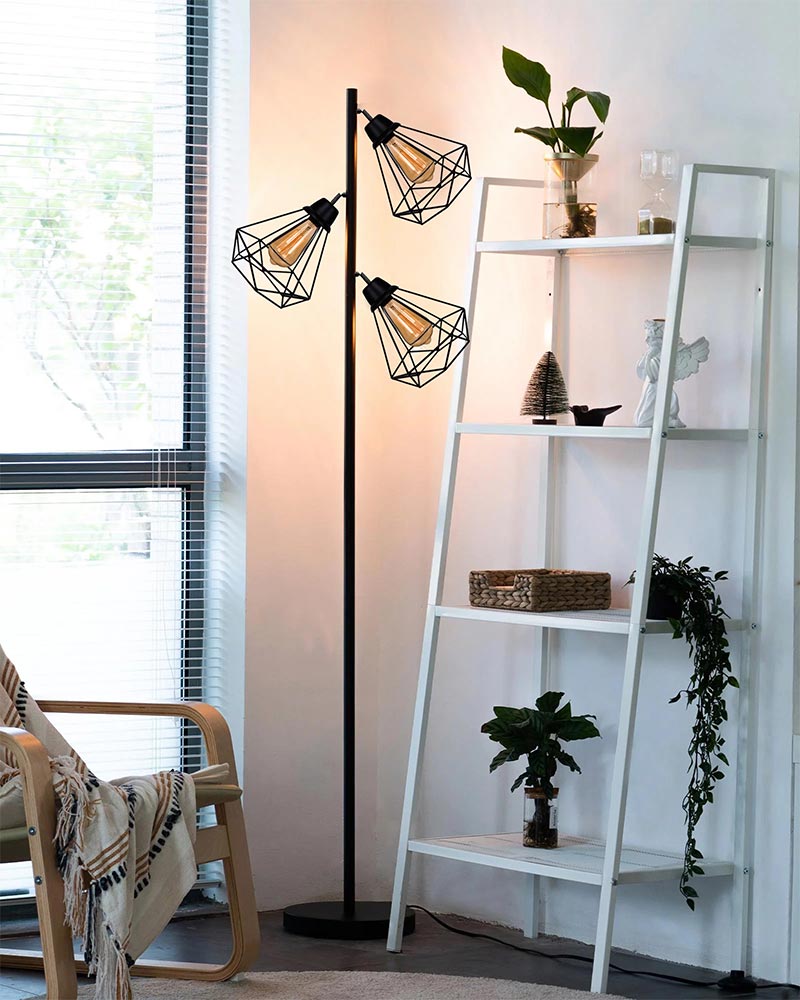 Industrial Tree Floor Lamps for Living Room, Standing Lamp with 3 Adjustable Hanging Diamond Cage Shades, 62" Modern Tall Lamps with E27 Socket Pedal Switch for Bedroom Office Home Light Decor