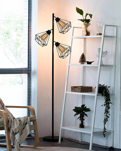 Industrial Tree Floor Lamps for Living Room, Standing Lamp with 3 Adjustable Hanging Diamond Cage Shades, 62" Modern Tall Lamps with E27 Socket Pedal Switch for Bedroom Office Home Light Decor