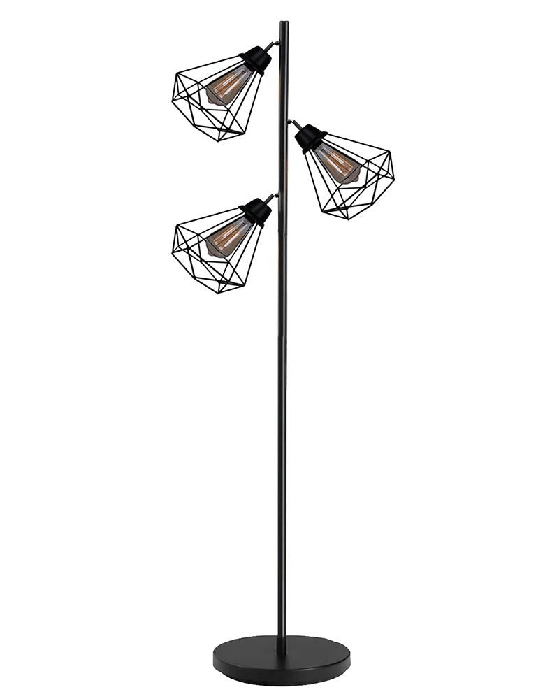 Industrial Tree Floor Lamps for Living Room, Standing Lamp with 3 Adjustable Hanging Diamond Cage Shades, 62" Modern Tall Lamps with E27 Socket Pedal Switch for Bedroom Office Home Light Decor