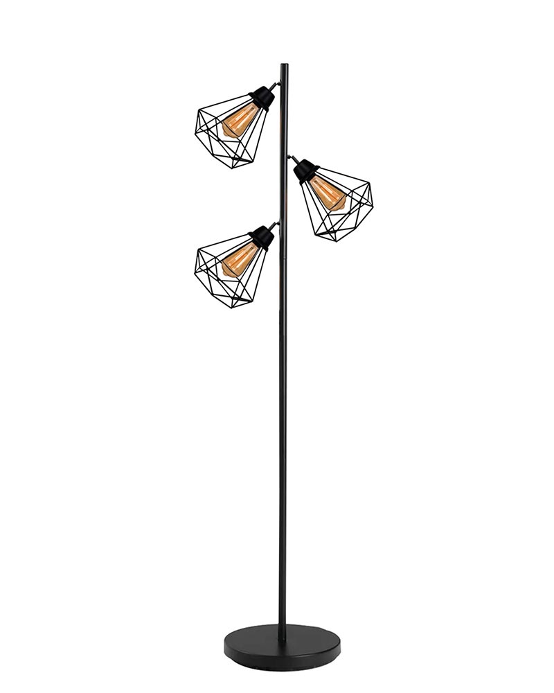 Industrial Tree Floor Lamps for Living Room, Standing Lamp with 3 Adjustable Hanging Diamond Cage Shades, 62" Modern Tall Lamps with E27 Socket Pedal Switch for Bedroom Office Home Light Decor