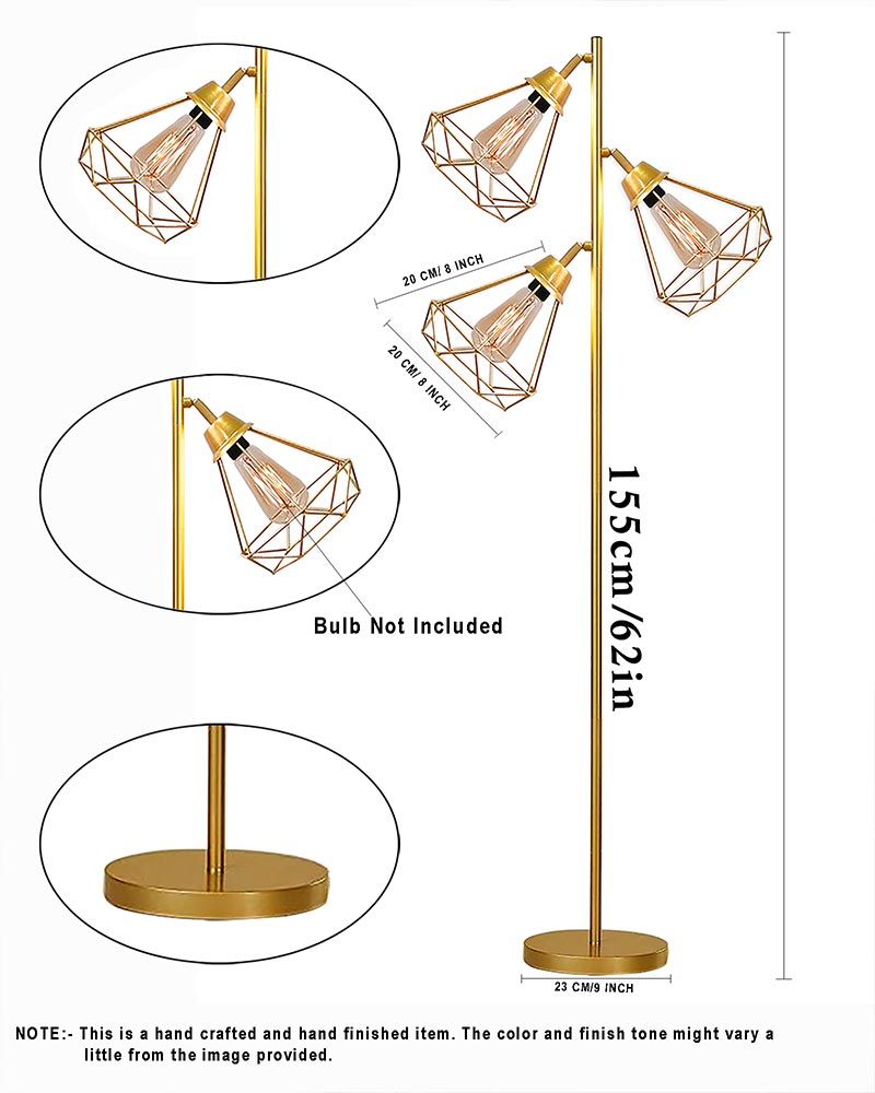 Industrial Tree Floor Lamps for Living Room, Standing Lamp with 3 Adjustable Hanging Diamond Cage Shades, 62" Modern Tall Lamps with E27 Socket Pedal Switch for Bedroom Office Home Light Decor