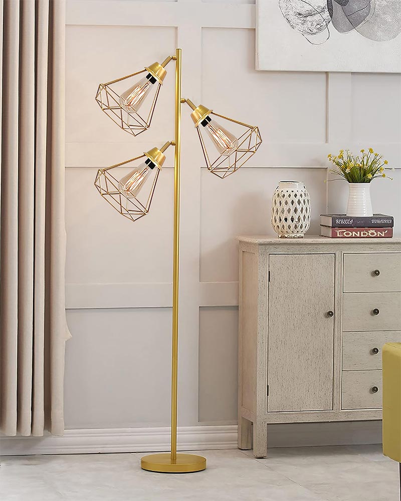 Industrial Tree Floor Lamps for Living Room, Standing Lamp with 3 Adjustable Hanging Diamond Cage Shades, 62" Modern Tall Lamps with E27 Socket Pedal Switch for Bedroom Office Home Light Decor