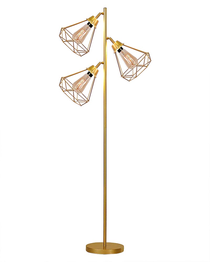 Industrial Tree Floor Lamps for Living Room, Standing Lamp with 3 Adjustable Hanging Diamond Cage Shades, 62" Modern Tall Lamps with E27 Socket Pedal Switch for Bedroom Office Home Light Decor