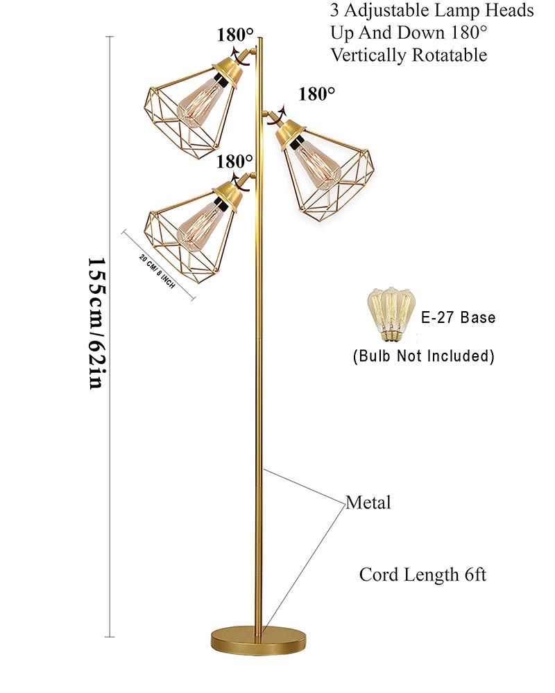 Industrial Tree Floor Lamps for Living Room, Standing Lamp with 3 Adjustable Hanging Diamond Cage Shades, 62" Modern Tall Lamps with E27 Socket Pedal Switch for Bedroom Office Home Light Decor