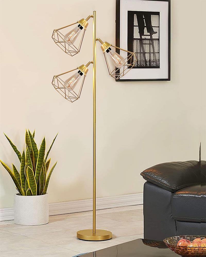 Industrial Tree Floor Lamps for Living Room, Standing Lamp with 3 Adjustable Hanging Diamond Cage Shades, 62" Modern Tall Lamps with E27 Socket Pedal Switch for Bedroom Office Home Light Decor