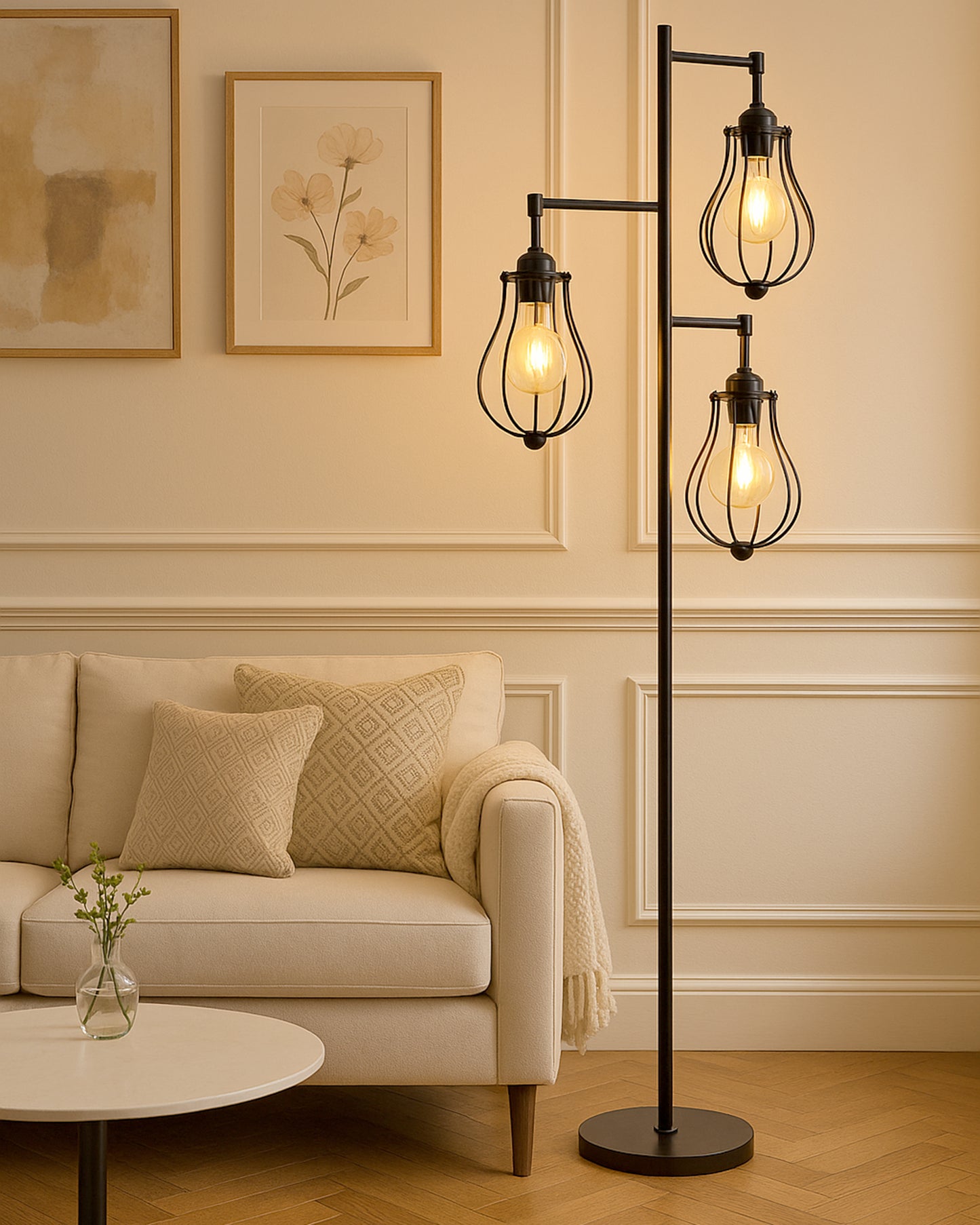 Industrial Tree Floor Lamps for Living Room, Standing Lamp with 3 Hanging Oval Cage Shades, 62" Modern Tall Lamps with E27 Socket Pedal Switch for Bedroom Office Home Light Decor, Black