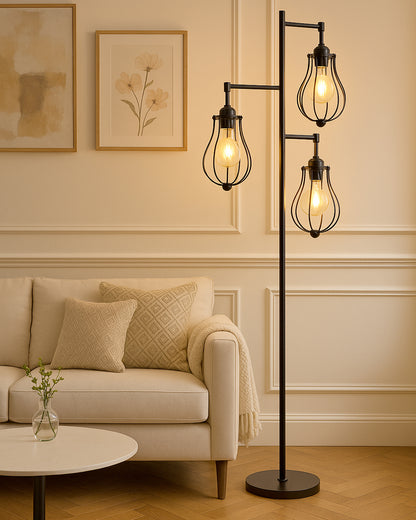 Industrial Tree Floor Lamps for Living Room, Standing Lamp with 3 Hanging Oval Cage Shades, 62" Modern Tall Lamps with E27 Socket Pedal Switch for Bedroom Office Home Light Decor, Black