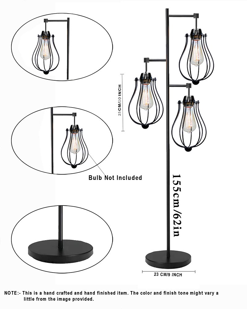 Industrial Tree Floor Lamps for Living Room, Standing Lamp with 3 Hanging Oval Cage Shades, 62" Modern Tall Lamps with E27 Socket Pedal Switch for Bedroom Office Home Light Decor, Black