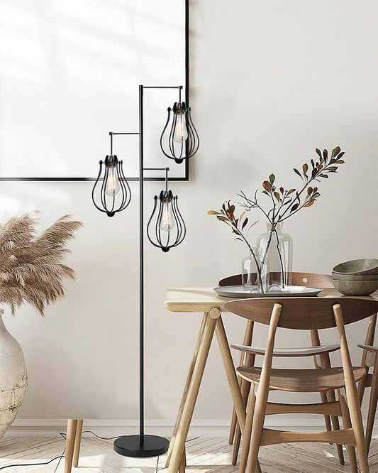 Industrial Tree Floor Lamps for Living Room, Standing Lamp with 3 Hanging Oval Cage Shades, 62" Modern Tall Lamps with E27 Socket Pedal Switch for Bedroom Office Home Light Decor, Black