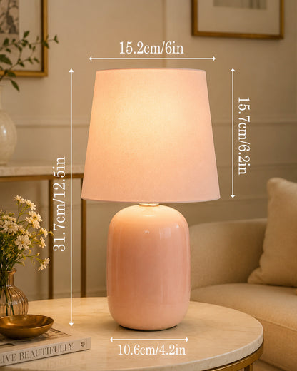 Modern Small Ceramic Table Lamp, Bedside Desk lamp for Living Room Bedroom, Farmhouse Nightstand Lamps Glossy Dovel