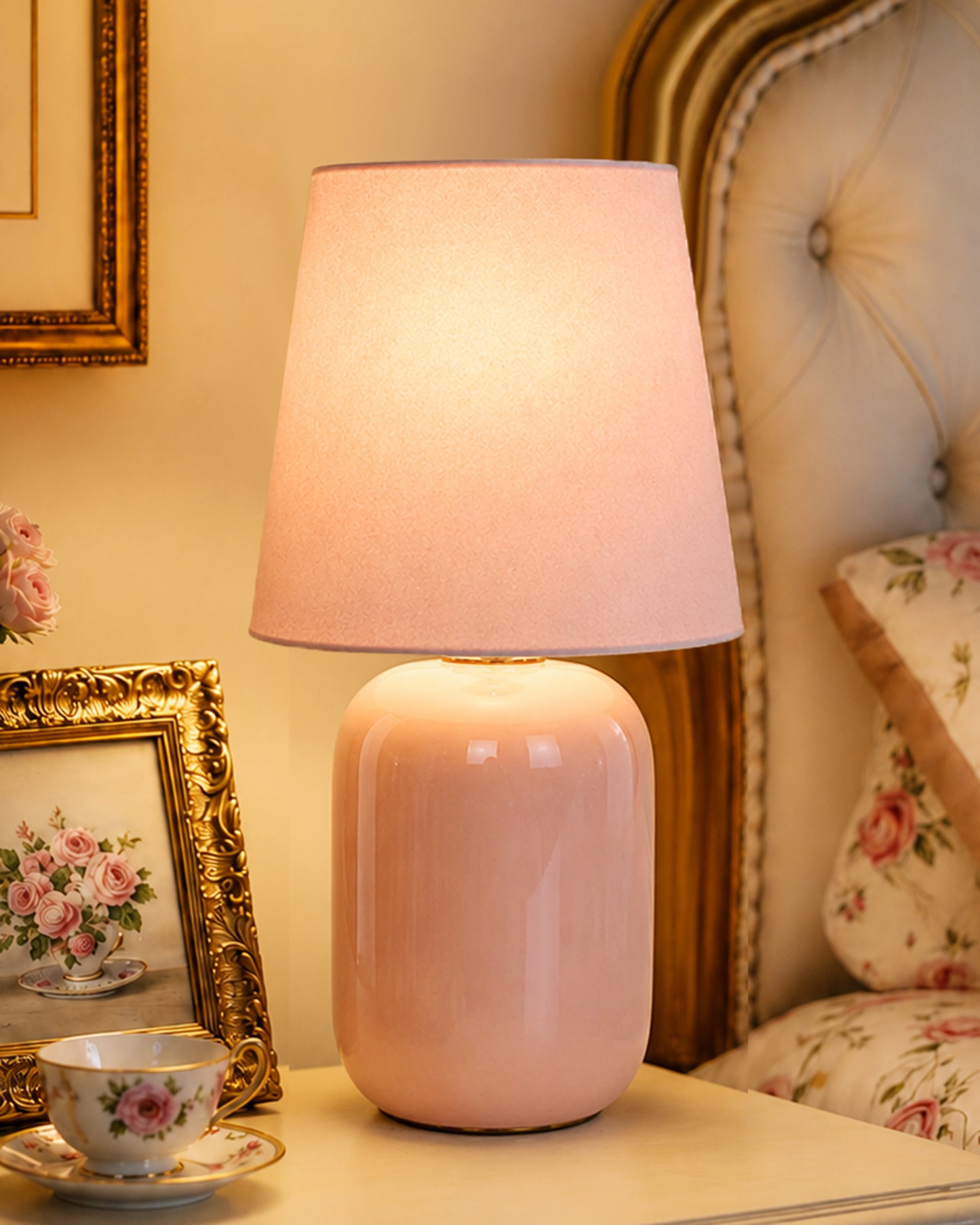 Modern Small Ceramic Table Lamp, Bedside Desk lamp for Living Room Bedroom, Farmhouse Nightstand Lamps Glossy Dovel