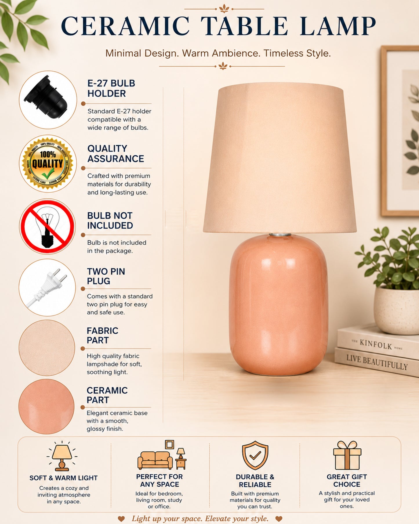 Modern Small Ceramic Table Lamp, Bedside Desk lamp for Living Room Bedroom, Farmhouse Nightstand Lamps Glossy Dovel