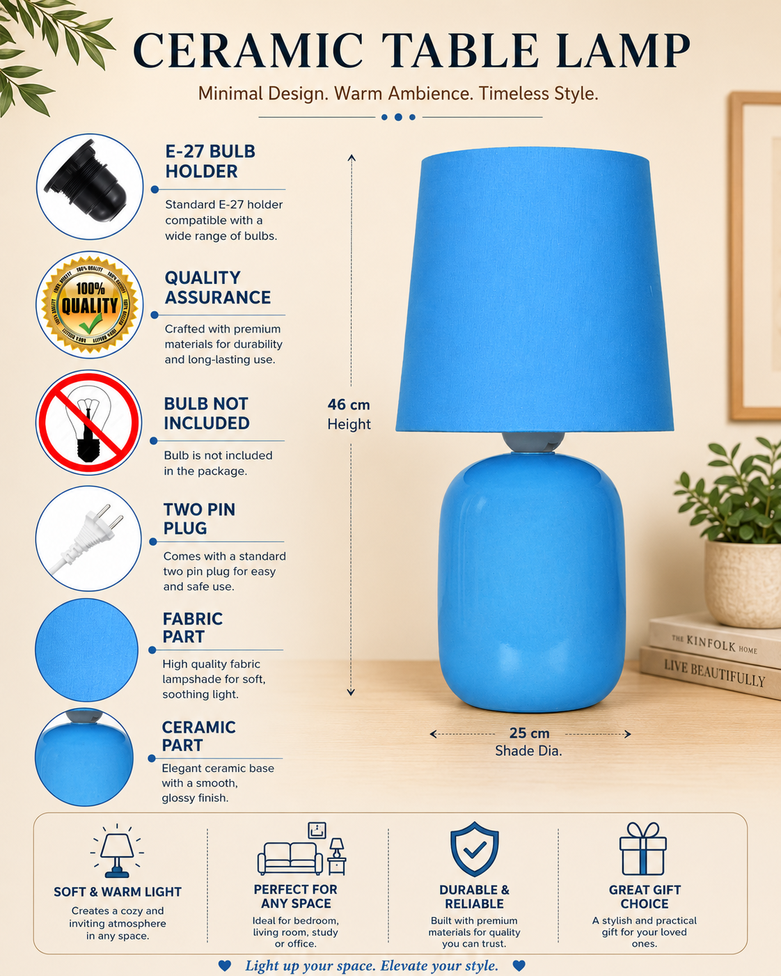 Modern Small Ceramic Table Lamp, Bedside Desk lamp for Living Room Bedroom, Farmhouse Nightstand Lamps Glossy Dovel