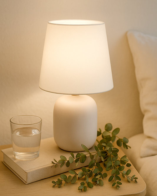 Modern Small Ceramic Table Lamp, Bedside Desk lamp for Living Room Bedroom, Farmhouse Nightstand Lamps Glossy Dovel