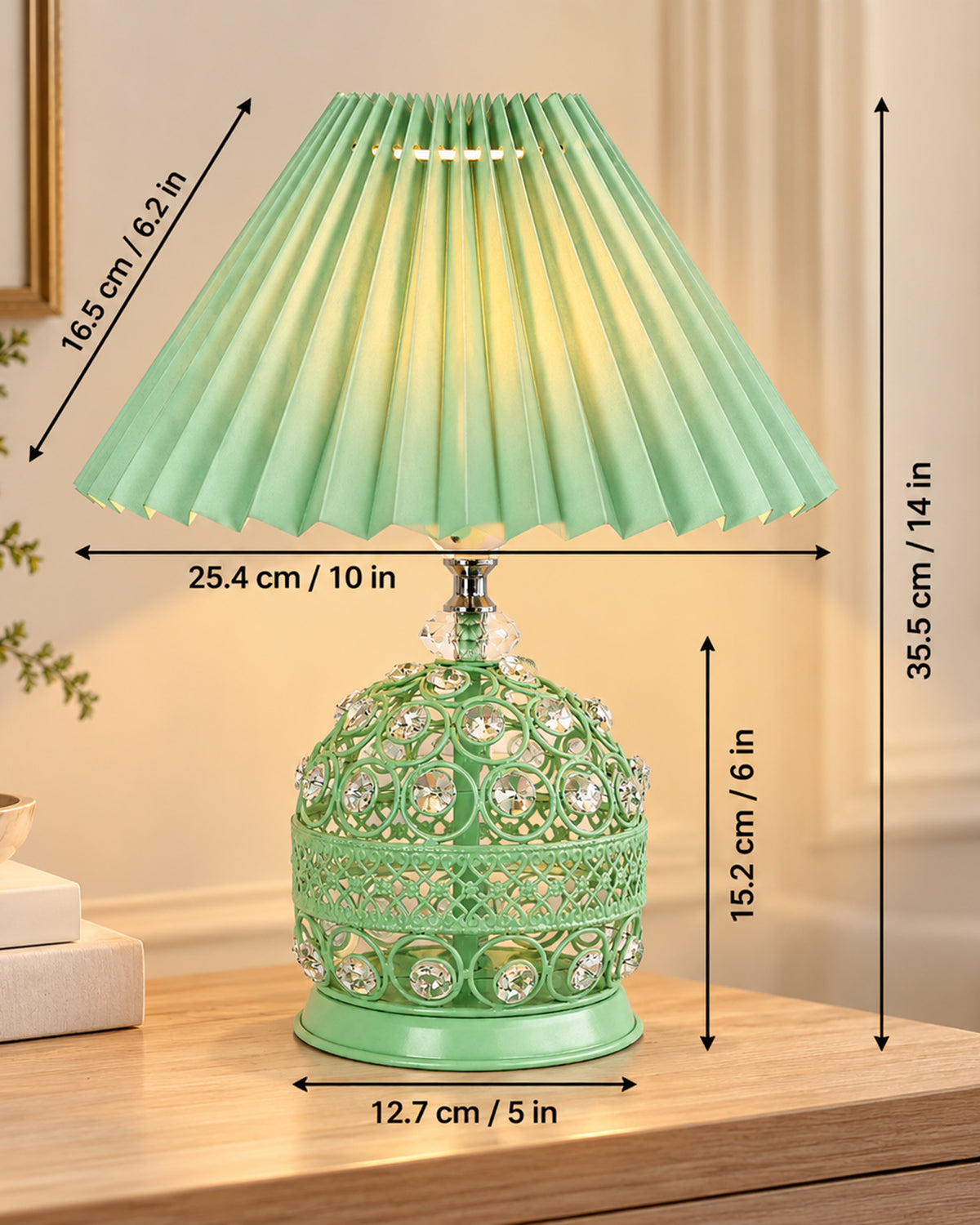 Homesake® Crystal Table Lamp, Metal Bedside Lamp with Pleated Fabric Shade, Decorative Bedroom Nightstand Lamp, Side Table Light for Living Room, Home Decor
