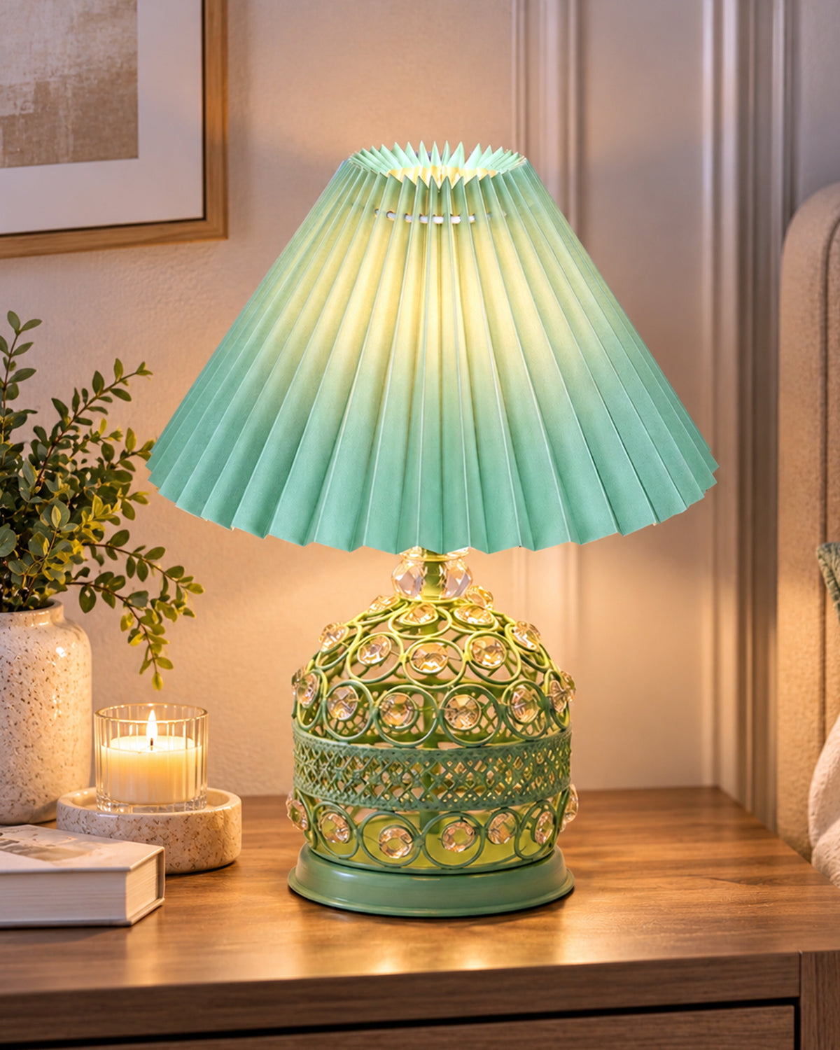Homesake® Crystal Table Lamp, Metal Bedside Lamp with Pleated Fabric Shade, Decorative Bedroom Nightstand Lamp, Side Table Light for Living Room, Home Decor