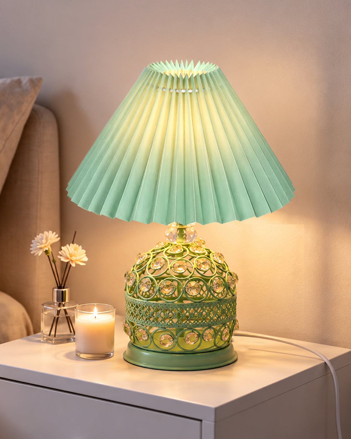 Homesake® Crystal Table Lamp, Metal Bedside Lamp with Pleated Fabric Shade, Decorative Bedroom Nightstand Lamp, Side Table Light for Living Room, Home Decor