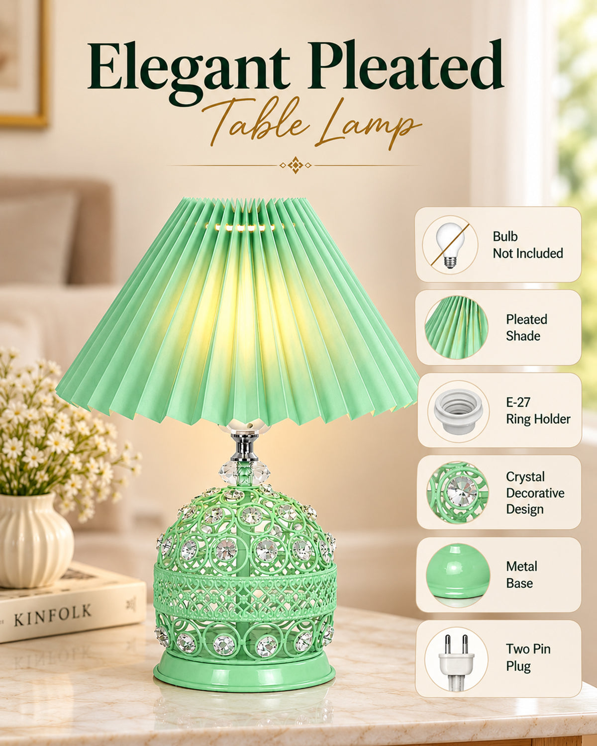 Homesake® Crystal Table Lamp, Metal Bedside Lamp with Pleated Fabric Shade, Decorative Bedroom Nightstand Lamp, Side Table Light for Living Room, Home Decor