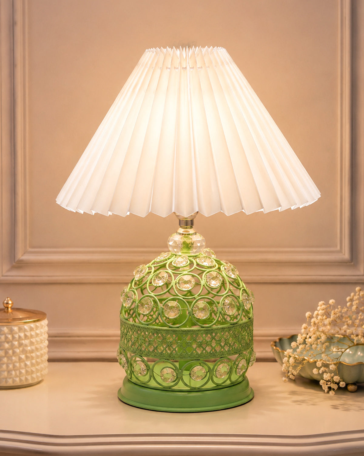 Homesake® Crystal Table Lamp, Metal Bedside Lamp with Pleated Fabric Shade, Decorative Bedroom Nightstand Lamp, Side Table Light for Living Room, Home Decor