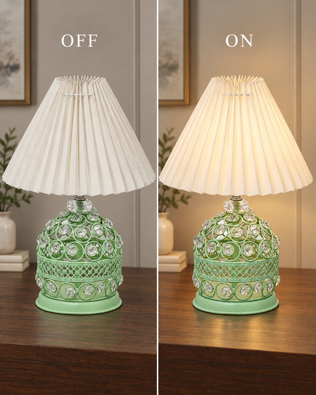 Homesake® Crystal Table Lamp, Metal Bedside Lamp with Pleated Fabric Shade, Decorative Bedroom Nightstand Lamp, Side Table Light for Living Room, Home Decor