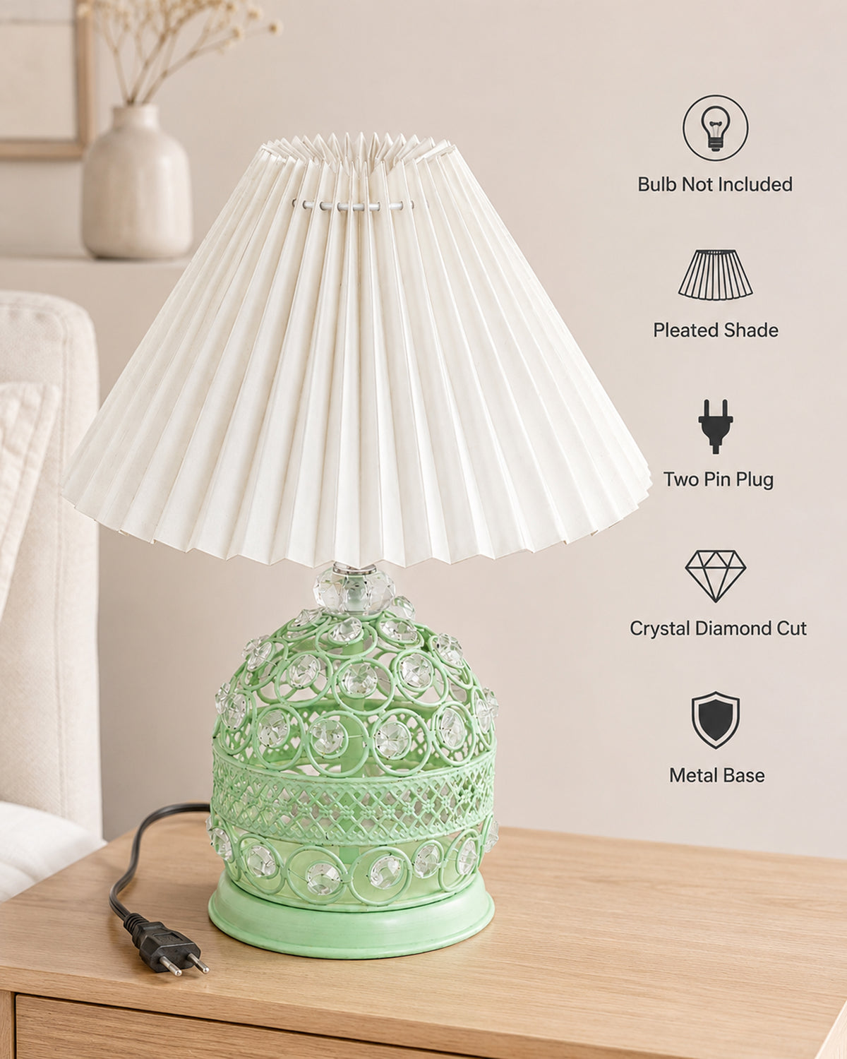 Homesake® Crystal Table Lamp, Metal Bedside Lamp with Pleated Fabric Shade, Decorative Bedroom Nightstand Lamp, Side Table Light for Living Room, Home Decor