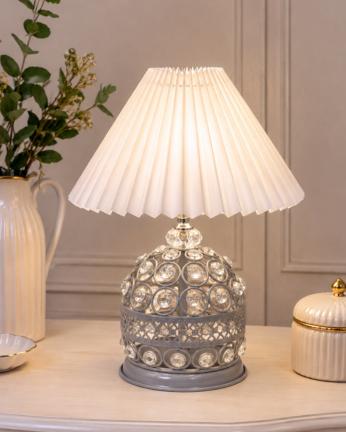 Homesake® Crystal Table Lamp, Metal Bedside Lamp with Pleated Fabric Shade, Decorative Bedroom Nightstand Lamp, Side Table Light for Living Room, Home Decor