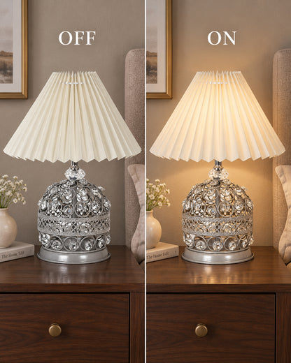 Homesake® Crystal Table Lamp, Metal Bedside Lamp with Pleated Fabric Shade, Decorative Bedroom Nightstand Lamp, Side Table Light for Living Room, Home Decor