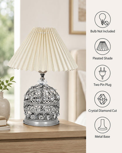 Homesake® Crystal Table Lamp, Metal Bedside Lamp with Pleated Fabric Shade, Decorative Bedroom Nightstand Lamp, Side Table Light for Living Room, Home Decor