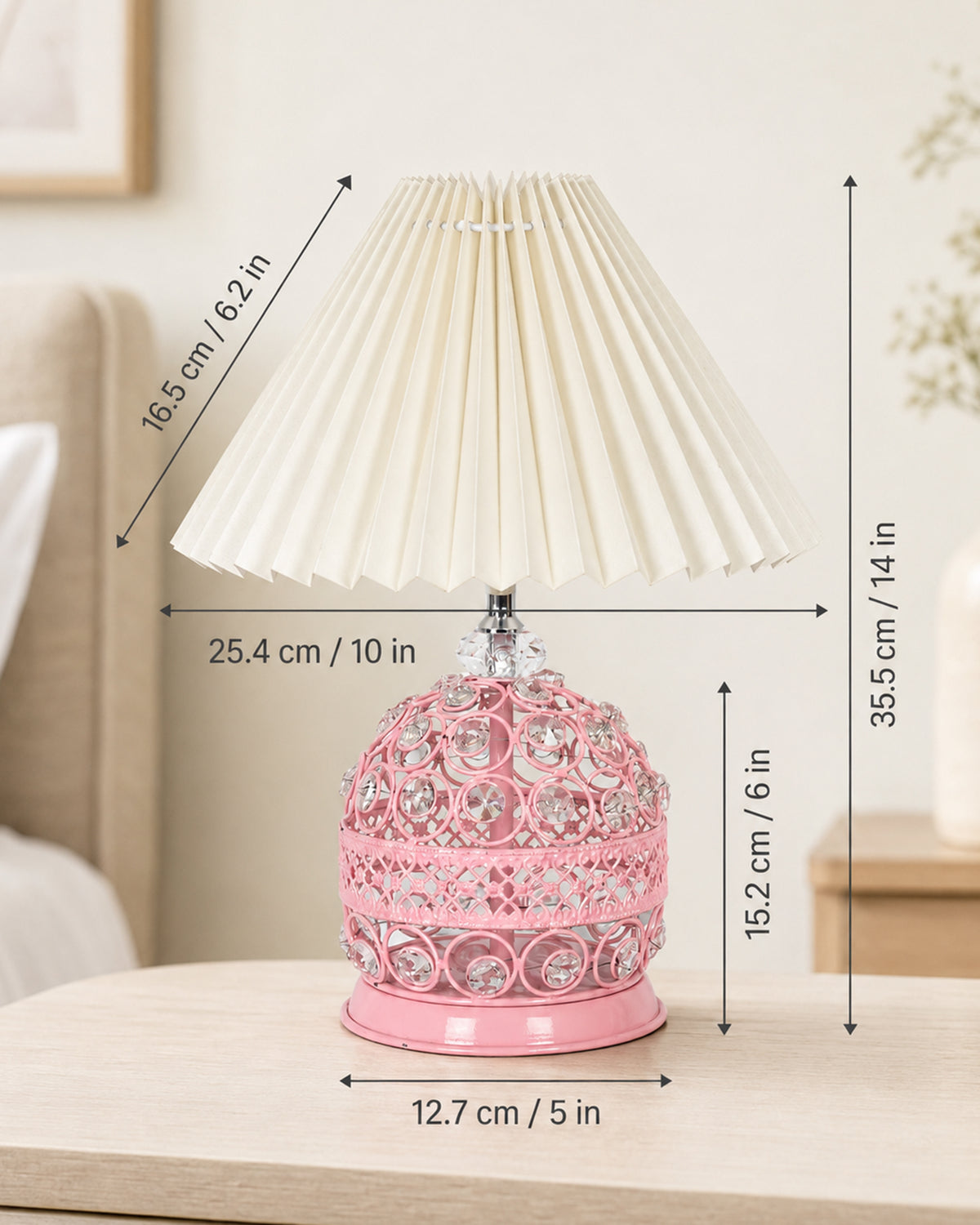 Homesake® Crystal Table Lamp, Metal Bedside Lamp with Pleated Fabric Shade, Decorative Bedroom Nightstand Lamp, Side Table Light for Living Room, Home Decor