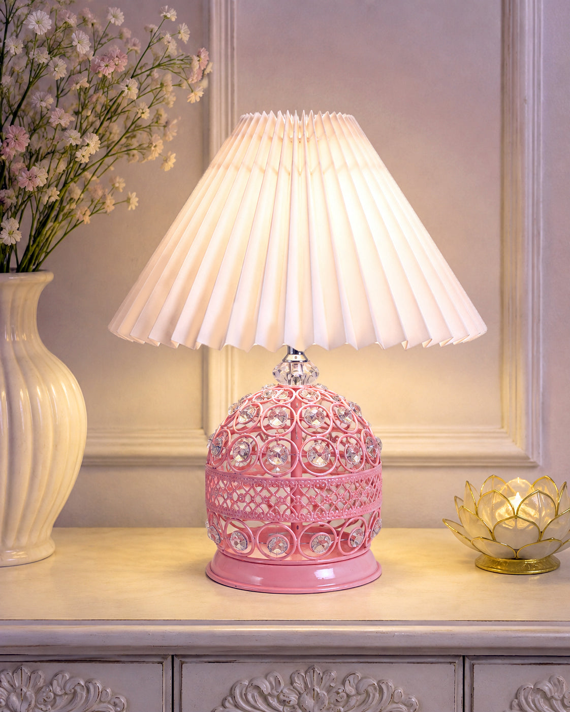 Homesake® Crystal Table Lamp, Metal Bedside Lamp with Pleated Fabric Shade, Decorative Bedroom Nightstand Lamp, Side Table Light for Living Room, Home Decor