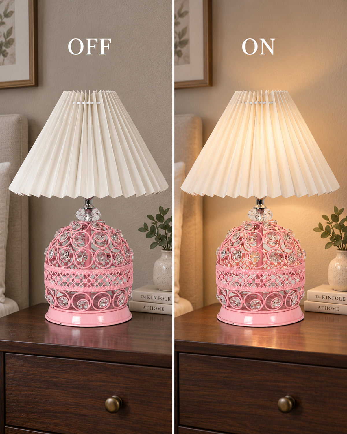 Homesake® Crystal Table Lamp, Metal Bedside Lamp with Pleated Fabric Shade, Decorative Bedroom Nightstand Lamp, Side Table Light for Living Room, Home Decor