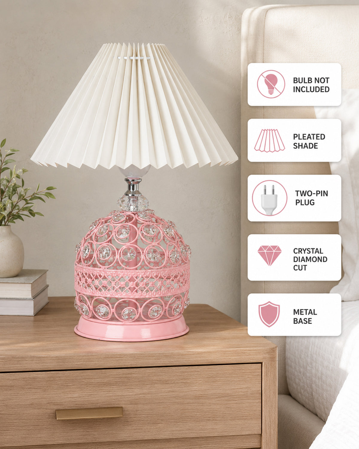 Homesake® Crystal Table Lamp, Metal Bedside Lamp with Pleated Fabric Shade, Decorative Bedroom Nightstand Lamp, Side Table Light for Living Room, Home Decor