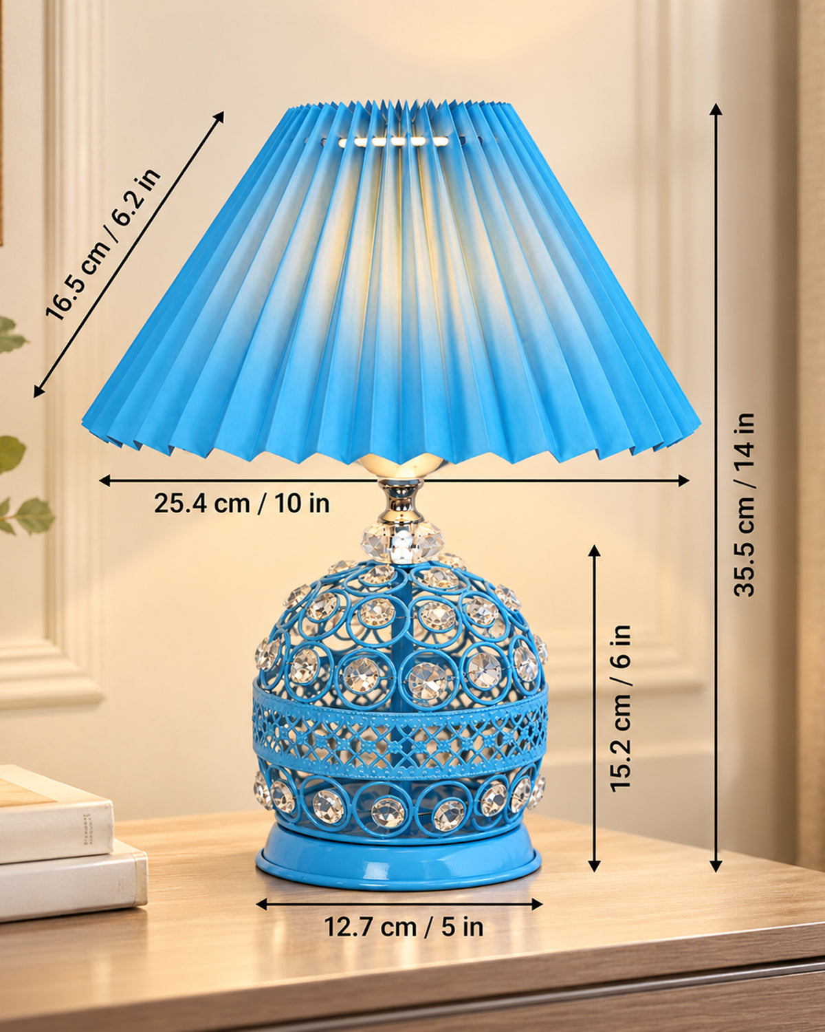 Homesake® Crystal Table Lamp, Metal Bedside Lamp with Pleated Fabric Shade, Decorative Bedroom Nightstand Lamp, Side Table Light for Living Room, Home Decor