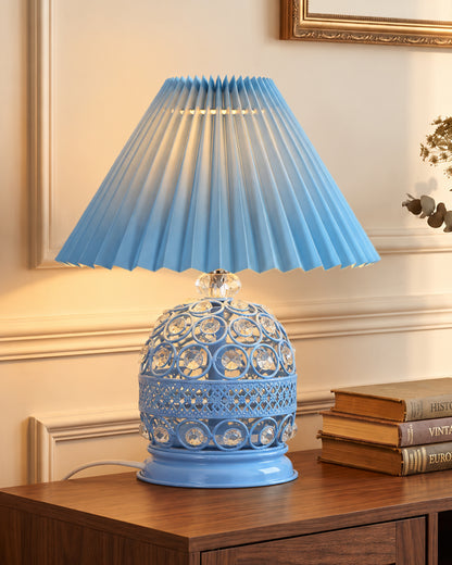 Homesake® Crystal Table Lamp, Metal Bedside Lamp with Pleated Fabric Shade, Decorative Bedroom Nightstand Lamp, Side Table Light for Living Room, Home Decor