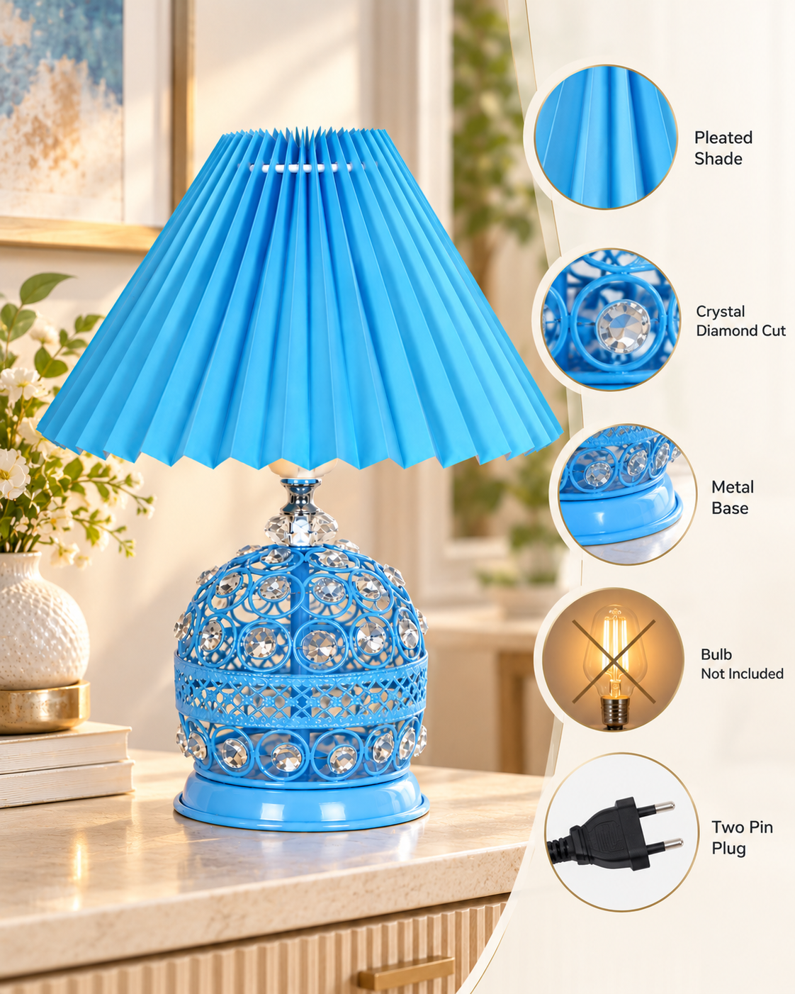 Homesake® Crystal Table Lamp, Metal Bedside Lamp with Pleated Fabric Shade, Decorative Bedroom Nightstand Lamp, Side Table Light for Living Room, Home Decor