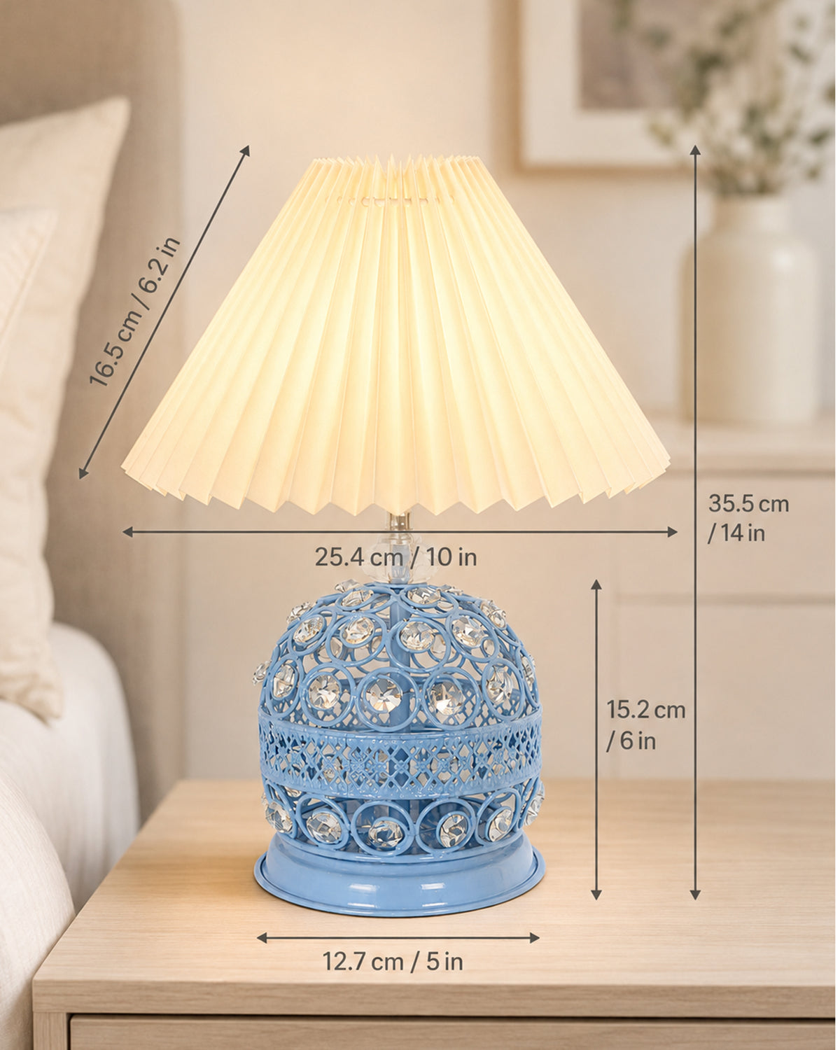 Homesake® Crystal Table Lamp, Metal Bedside Lamp with Pleated Fabric Shade, Decorative Bedroom Nightstand Lamp, Side Table Light for Living Room, Home Decor