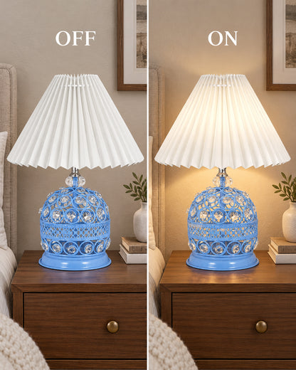 Homesake® Crystal Table Lamp, Metal Bedside Lamp with Pleated Fabric Shade, Decorative Bedroom Nightstand Lamp, Side Table Light for Living Room, Home Decor