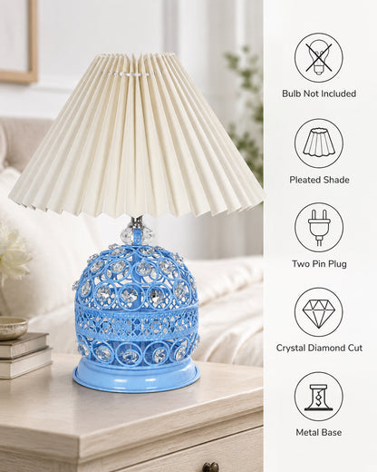 Homesake® Crystal Table Lamp, Metal Bedside Lamp with Pleated Fabric Shade, Decorative Bedroom Nightstand Lamp, Side Table Light for Living Room, Home Decor