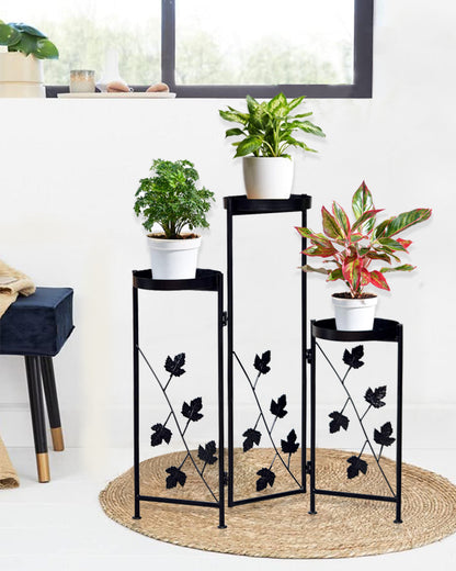 Metal Plant Stand Indoor Outdoor 78 cm High 3 Tier Flower Pot Holder Shelf Heavy Duty Potted Flower Pot Organizer Wrought Iron Planter Display Rack Corner Vertical Shelves for Garden, Leafy Maple