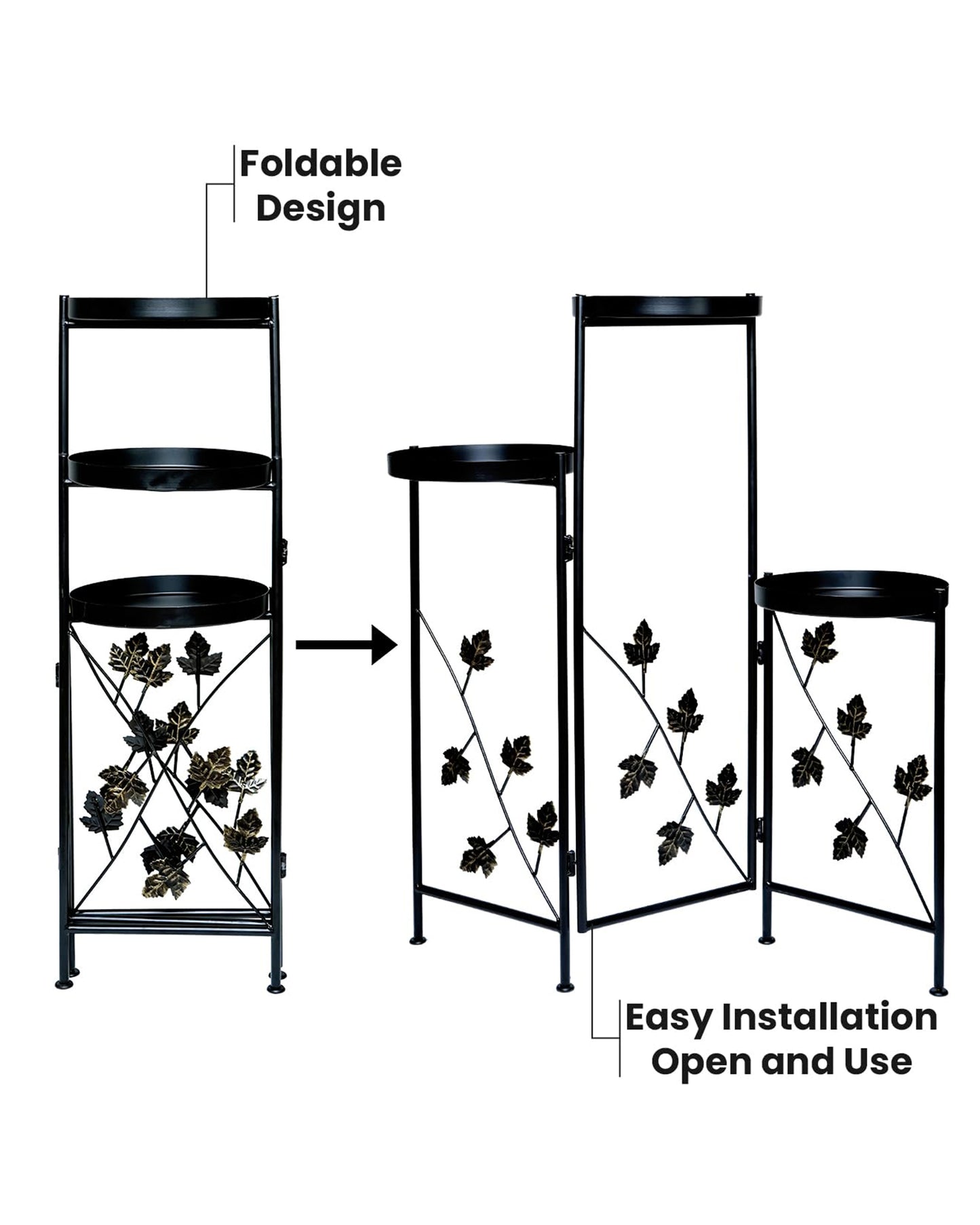Metal Plant Stand Indoor Outdoor 78 cm High 3 Tier Flower Pot Holder Shelf Heavy Duty Potted Flower Pot Organizer Wrought Iron Planter Display Rack Corner Vertical Shelves for Garden, Leafy Maple