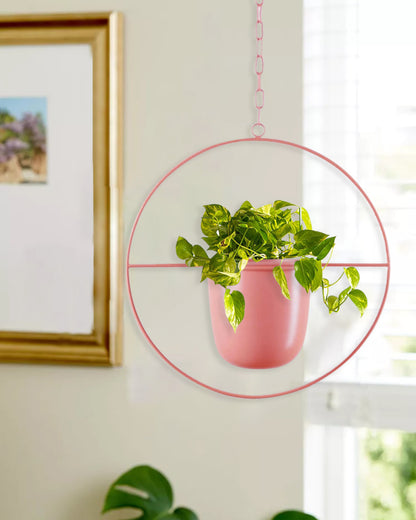 Round Hanging Metal Pot Stand with Planter (14 Inch Dia* 6.75 Inch Pot) for Indoor & Outdoor Plants Living Room Balcony Zen Decoration with hanging chain(Plant is not Included)